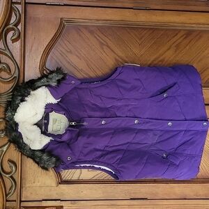 Green Tea Purple Puffer Vest with hoodie.